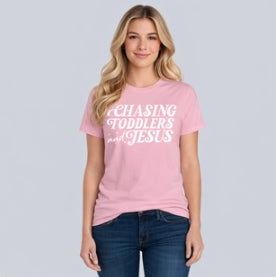 Chasing Toddlers and Jesus Unisex CVC Crewneck T-Shirt | Faith-Based Mom Life Tee | Christian Mom Graphic Shirt